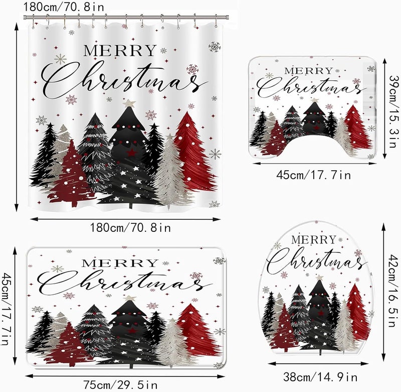 Apear1 4Pcs Merry Christmas Shower Curtain Set Xmas Tree Snowflake Shower Curtain for Christmas Bathroom Decor with Anti-Slip Waterproof Bathtub Bathroom Rugs Toilet Lid Cover (White) - Image 2
